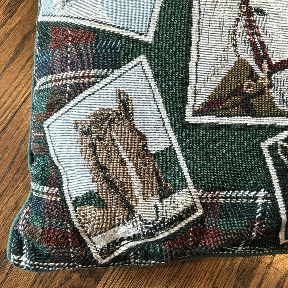 VTG Horses Tapestry Throw Pillow Collage Green‎ Tartan Plaid Equestrian 16